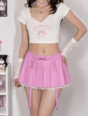 LittleForBig Pink Faux Leather Pleated Mini Skirt XL Lace Trim Y2K